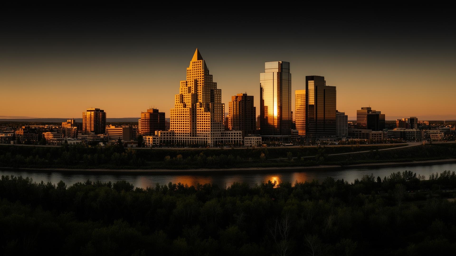 Edmonton, Alberta skyline at dusk over the North Saskatchewan River valley